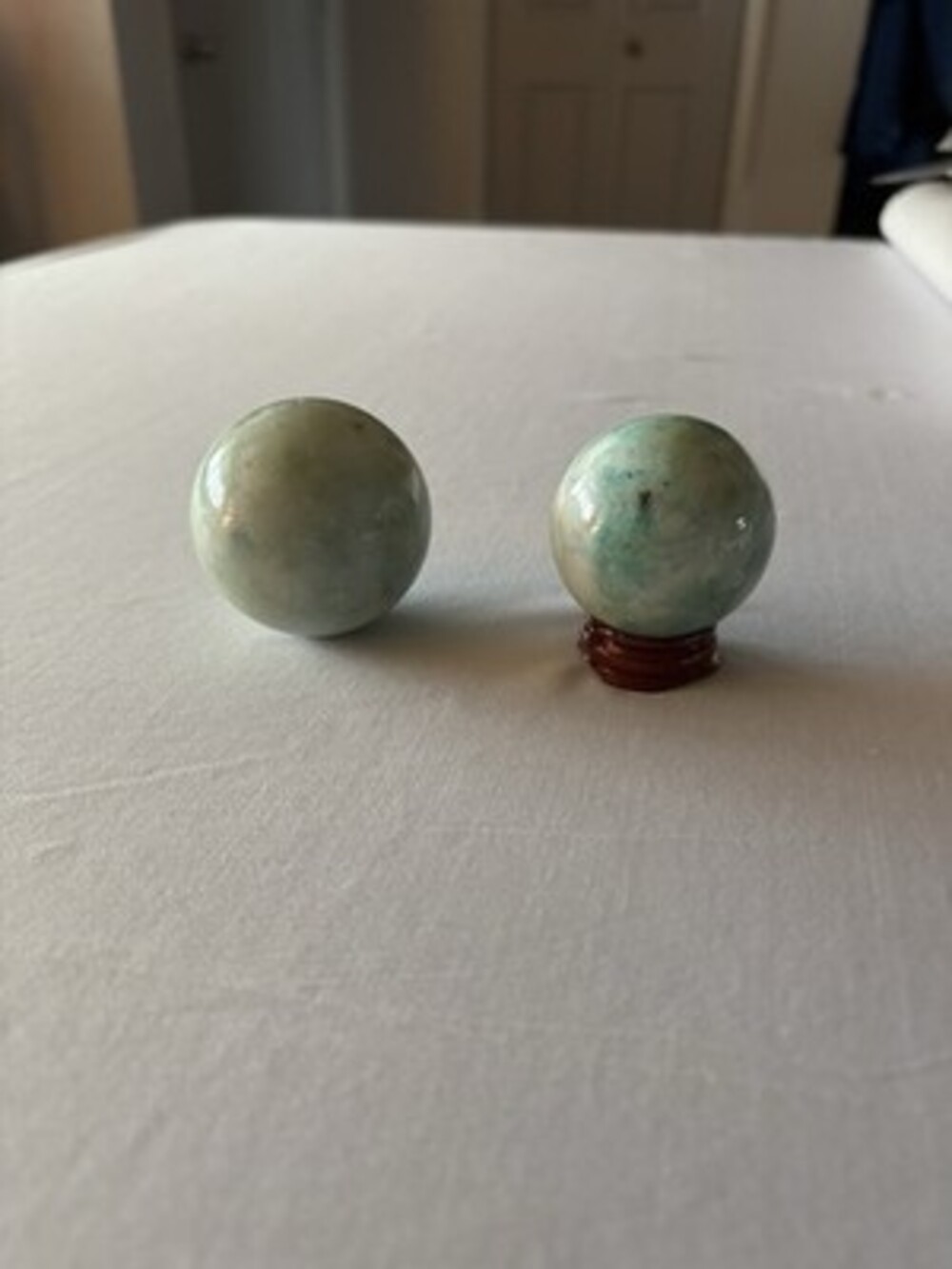 Pair Green Jade Serpentine Stone Spheres Polished Natural Crystal Balls Decor